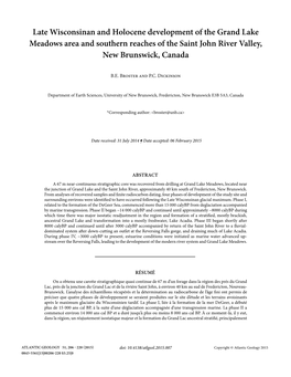 Late Wisconsinan and Holocene Development of the Grand Lake Meadows Area and Southern Reaches of the Saint John River Valley, New Brunswick, Canada