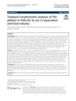 Temporal Morphometric Analyses of Pila Globosa in India for Its Use in Aquaculture and Food Industry