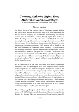 Territory, Authority, Rights: from Medieval to Global Assemblages by Saskia Sassen, Princeton University Press, 2006, 502 Pp