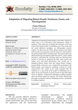 Adaptation of Migrating Betawi People: Existences, Forms, and Developments