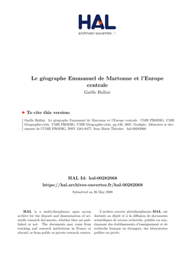 Le Géographe Emmanuel De Martonne Et L'europe Centrale