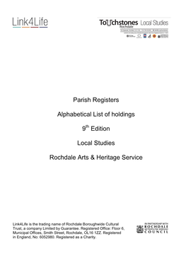 Parish Registers Alphabetical List of Holdings 9 Edition Local Studies Rochdale Arts & Heritage Service