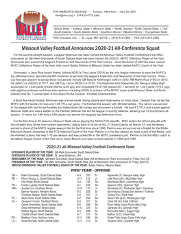 Missouri Valley Football Announces 2020-21 All-Conference Squad