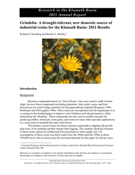 Grindelia- a Drought-Tolerant, New Domestic Source of Industrial Resins for the Klamath Basin: 2011 Results