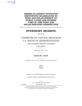 Oversight Hearing Committee on Natural Resources U.S. House of Representatives