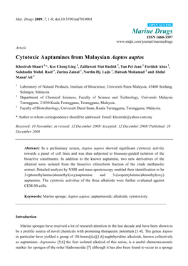 Cytotoxic Aaptamines from Malaysian Aaptos Aaptos