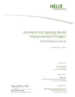 Murrieta Hot Springs Road Improvements Project Cultural Resources Study