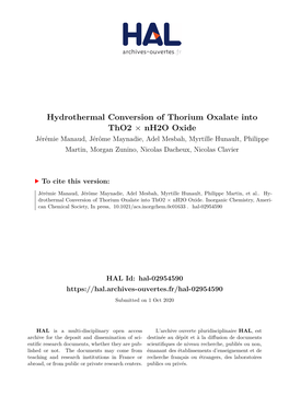 Hydrothermal Conversion of Thorium Oxalate Into Tho2 Nh2o Oxide