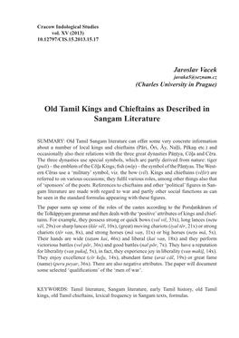 Old Tamil Kings and Chieftains As Described in Sangam Literature