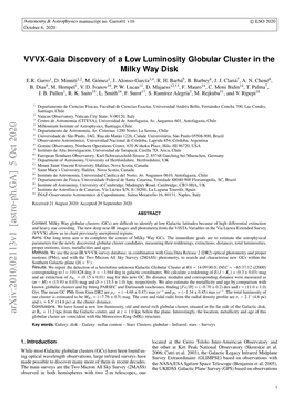 VVVX-Gaia Discovery of a Low Luminosity Globular Cluster in the Milky Way Disk E.R