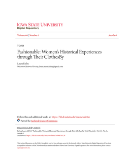 Fashionable: Women’S Historical Experiences Through Their Lothesbc Y Laura Farley Wisconsin Historical Society, Laura.Marie.Farley@Gmail.Com