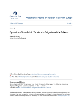 Dynamics of Inter-Ethnic Tensions in Bulgaria and the Balkans