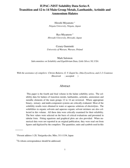 IUPAC–NIST Solubility Data Series #. Transition and 12 to 14 Main Group Metals, Lanthanide, Actinide and Ammonium Halates