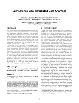 Low Latency Geo-Distributed Data Analytics