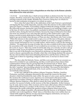 Macrobius the Saturnalia 1.16 Is a Disquisition on What Days in the Roman Calendar Were Allowed for What Activities