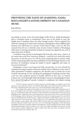 Providing the Taste of Learning: Nadia Boulanger's Lasting Imprint on Canadian Music