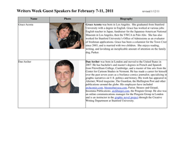 Writers Week Guest Speakers for February 7-11, 2011 Revised 1/12/11