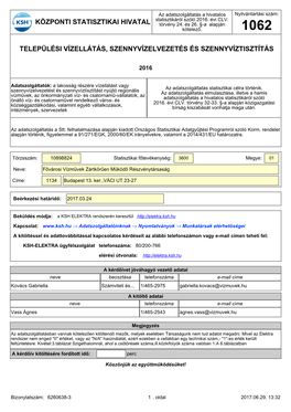 Központi Statisztikai Hivatal Települési Vízellátás, Szennyvízelvezetés És Szennyvíztisztítás