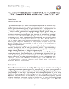 Teaching of Religious Education in Iraqi State Schools and the Status of Minorities in Iraq: a Critical Review