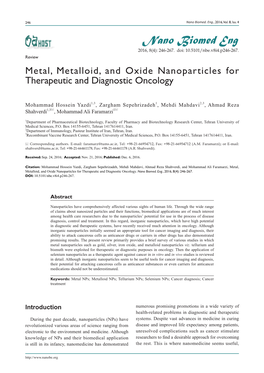 Metal, Metalloid, and Oxide Nanoparticles for Therapeutic and Diagnostic Oncology