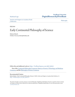 Early Continental Philosophy of Science Babette Babich Fordham University, Babich@Fordham.Edu