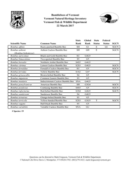 Bumblebees of Vermont Vermont Natural Heritage Inventory Vermont Fish & Wildlife Department 22 March 2017