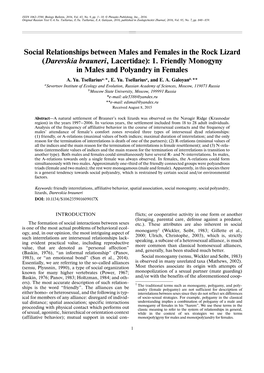 Social Relationships Between Males and Females in the Rock Lizard (Darevskia Brauneri, Lacertidae): 1