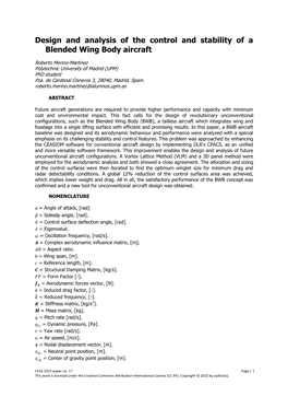 Design and Analysis of the Control and Stability of a Blended Wing Body Aircraft