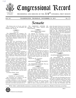 Congressional Record United States Th of America PROCEEDINGS and DEBATES of the 114 CONGRESS, FIRST SESSION