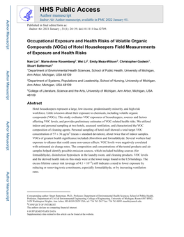 Occupational Exposure and Health Risks of Volatile Organic Compounds (Vocs) of Hotel Housekeepers Field Measurements of Exposure and Health Risks