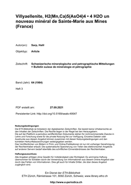 Villyaellenite, H2(Mn,Ca)5(Aso4)4 • 4 H2O Un Nouveau Minéral De Sainte-Marie Aux Mines (France)