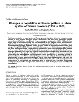 Changes in Population Settlement Pattern in Urban System of Tehran Province (1966 to 2006)