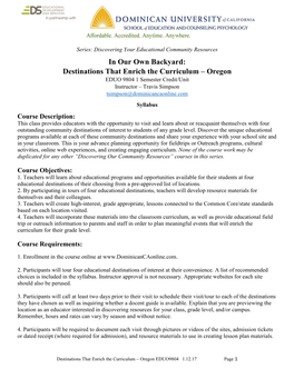 Oregon EDUO 9804 1 Semester Credit/Unit Instructor – Travis Simpson Tsimpson@Dominicancaonline.Com Syllabus