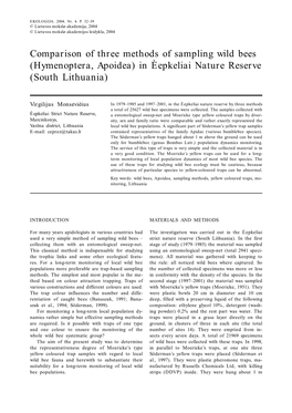 Comparison of Three Methods of Sampling Wild Bees (Hymenoptera, Apoidea) in Èepkeliai Nature Reserve (South Lithuania)