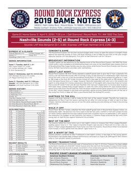 Round Rock Express 2019 GAME NOTES 3400 E