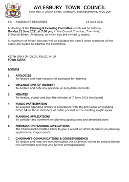 AYLESBURY TOWN COUNCIL Town Hall, 5 Church Street, Aylesbury, Buckinghamshire, HP20 2QP