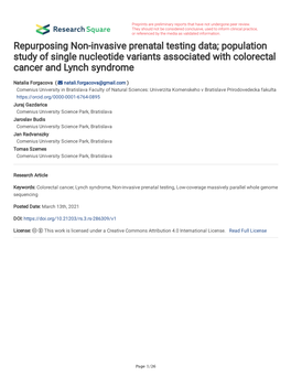 Repurposing Non-Invasive Prenatal Testing Data; Population Study of Single Nucleotide Variants Associated with Colorectal Cancer and Lynch Syndrome