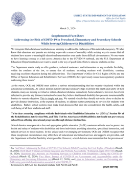 Supplemental Fact Sheet Addressing the Risk of COVID-19 in Preschool, Elementary and Secondary Schools While Serving Children with Disabilities