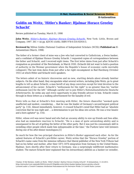 Goldin on Weitz, 'Hitler's Banker: Hjalmar Horace Greeley Schacht'