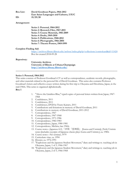 David Goodman Papers, 1964-2012 East Asian Languages and Cultures, UIUC ID: 15/29/20