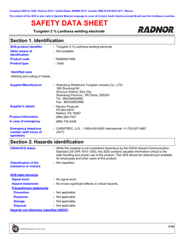 SDS for GHS: Hazcom 2012 / United States; WHMIS 2015 / Canada; NMX-R-019-SCFI-2011 / Mexico