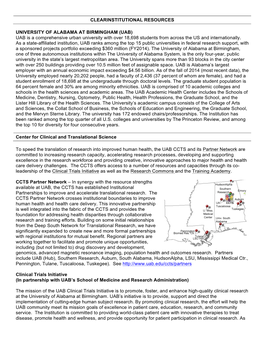 Clearinstitutional Resources University of Alabama at Birmingham