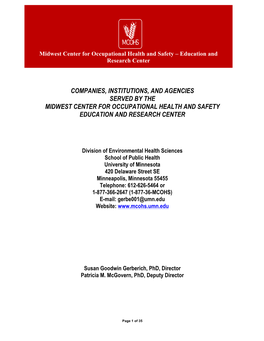 Companies, Institutions, and Agencies Served by the Midwest Center for Occupational Health and Safety Education and Research Center