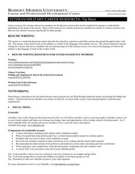 VETERAN/MILITARY CAREER RESOURCES- Tip Sheet