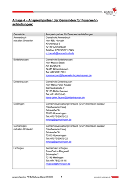 Anlage 4 – Ansprechpartner Der Gemeinden Für Feuerwehr- Schließungen