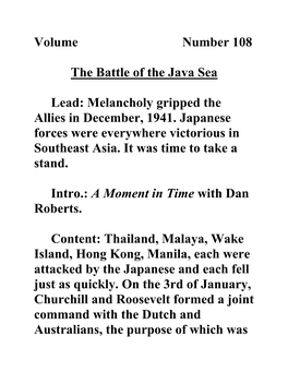 Volume Number 108 the Battle of the Java Sea Lead: Melancholy