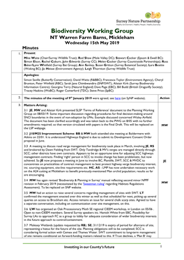 Biodiversity Working Group NT Warren Farm Barns, Mickleham Wednesday 15Th May 2019 Minutes 1