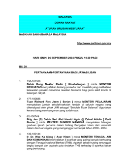 Malaysia Dewan Rakyat Aturan Urusan Mesyuarat Naskhah Sahih/Bahasa Malaysia Hari Isnin, 06 September