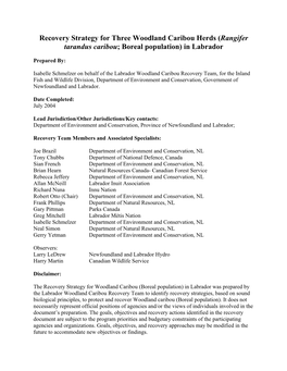 Recovery Strategy for Three Woodland Caribou Herds (Rangifer Tarandus Caribou; Boreal Population) in Labrador