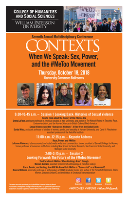 Sex, Power, and the #Metoo Movement Thursday, October 18, 2018 University Commons Ballrooms